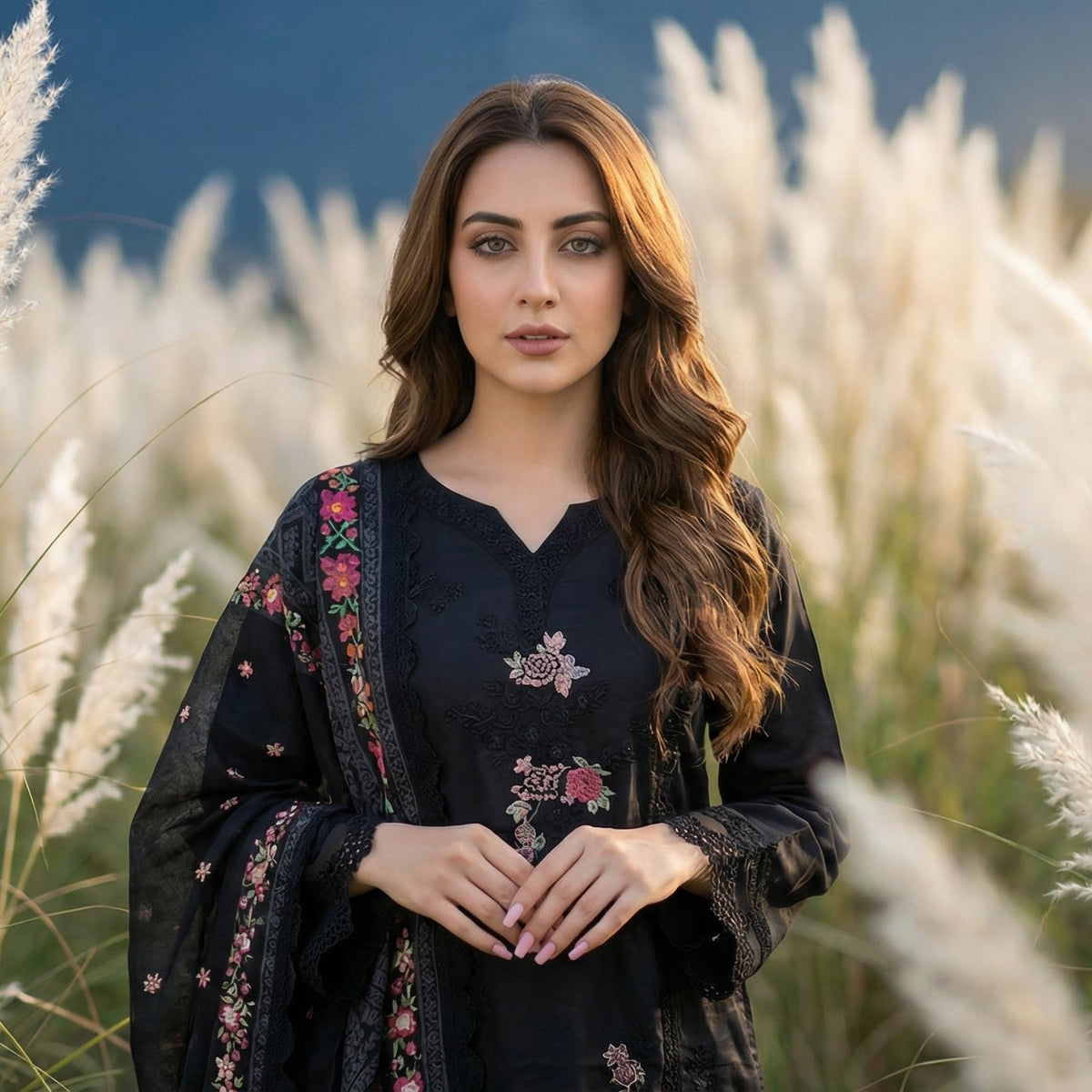 Sovereign Noir: Embroidered 3-Piece Cotton Lawn