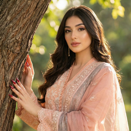 Romantic Peach: Embroidered 3-Piece Cotton Lawn