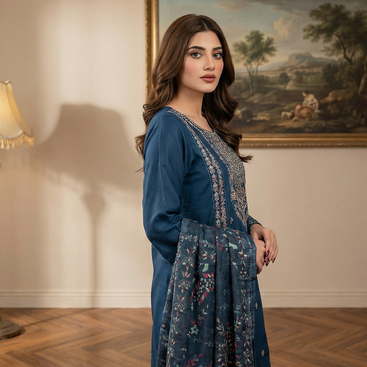 Deep Sapphire: Embroidered 3-Piece Cotton Lawn