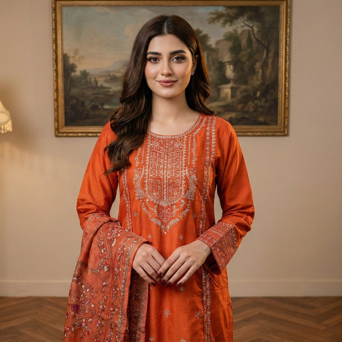 Terracotta Sunset: Embroidered 3-Piece Cotton Lawn