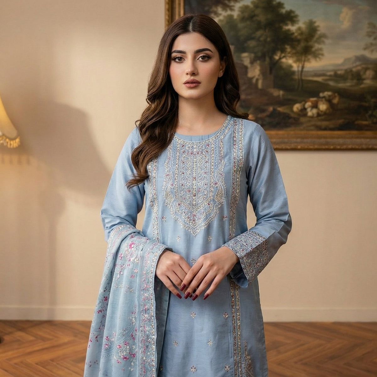 Cerulean Mist: Embroidered 3-Piece Cotton Lawn