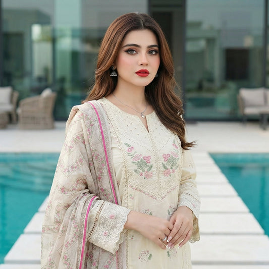 Vanilla Petal: Embroidered 3-Piece Cotton Lawn