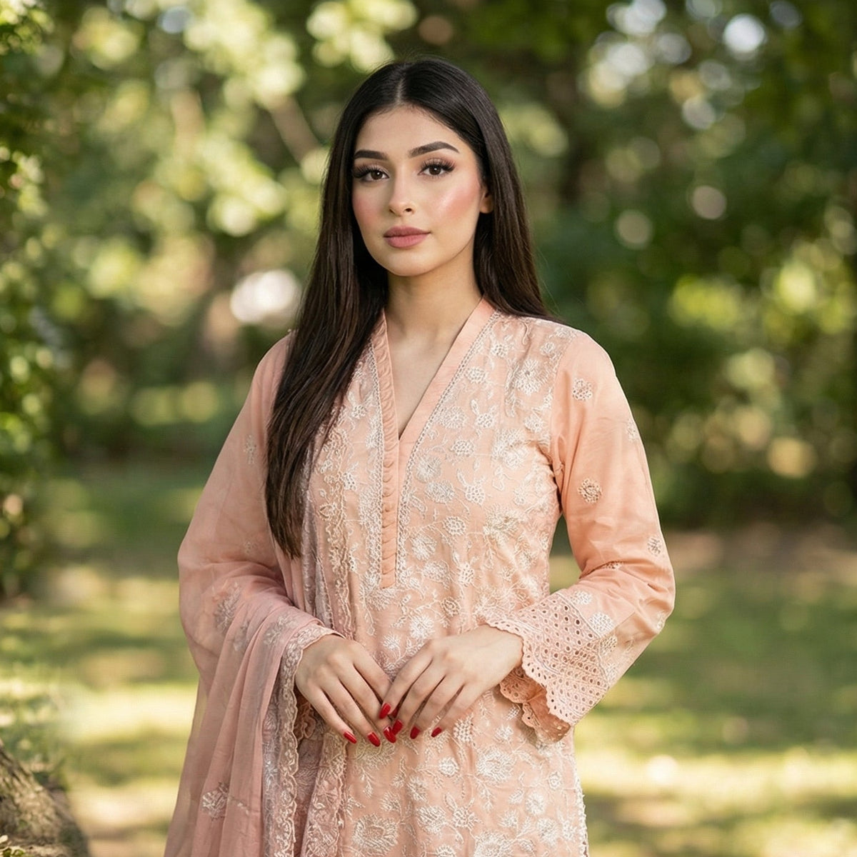 Romantic Peach: Embroidered 3-Piece Cotton Lawn