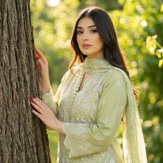 Subtle Sage: Embroidered 3-Piece Cotton Lawn