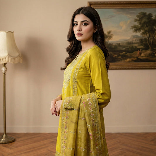 Radiant Olive: Embroidered 3-Piece Cotton Lawn