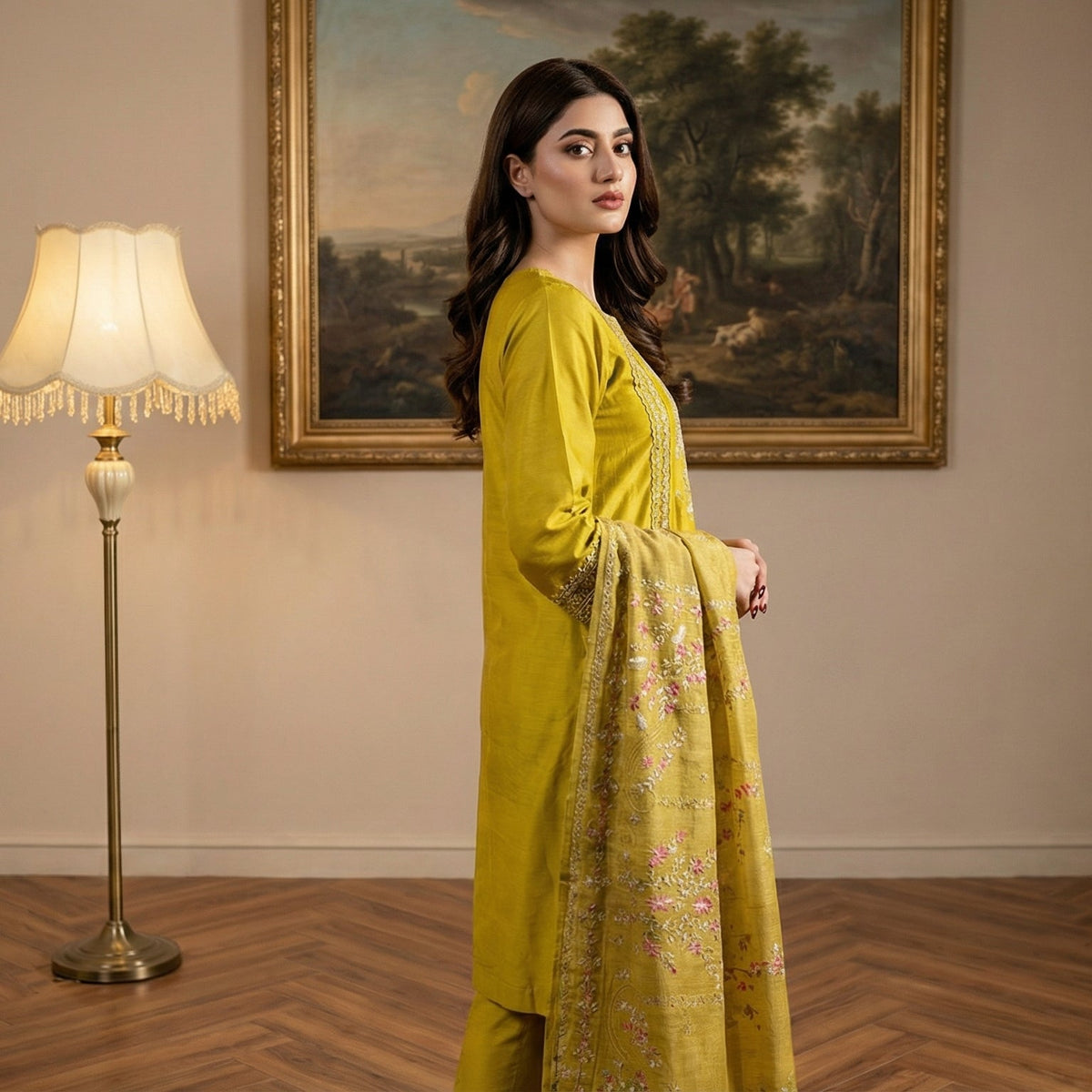 Radiant Olive: Embroidered 3-Piece Cotton Lawn