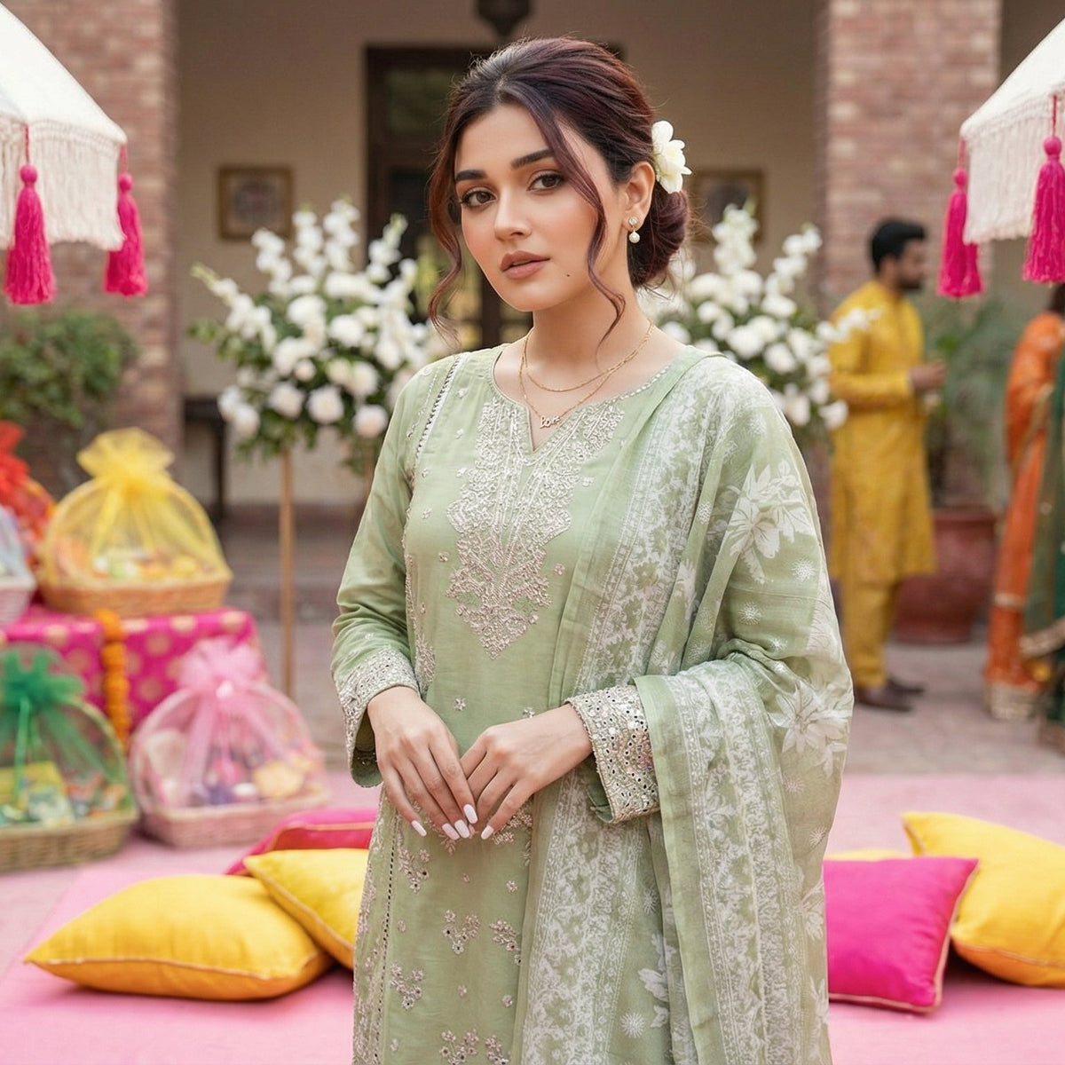 Celadon Shadow: Embroidered 3-Piece Cotton Lawn