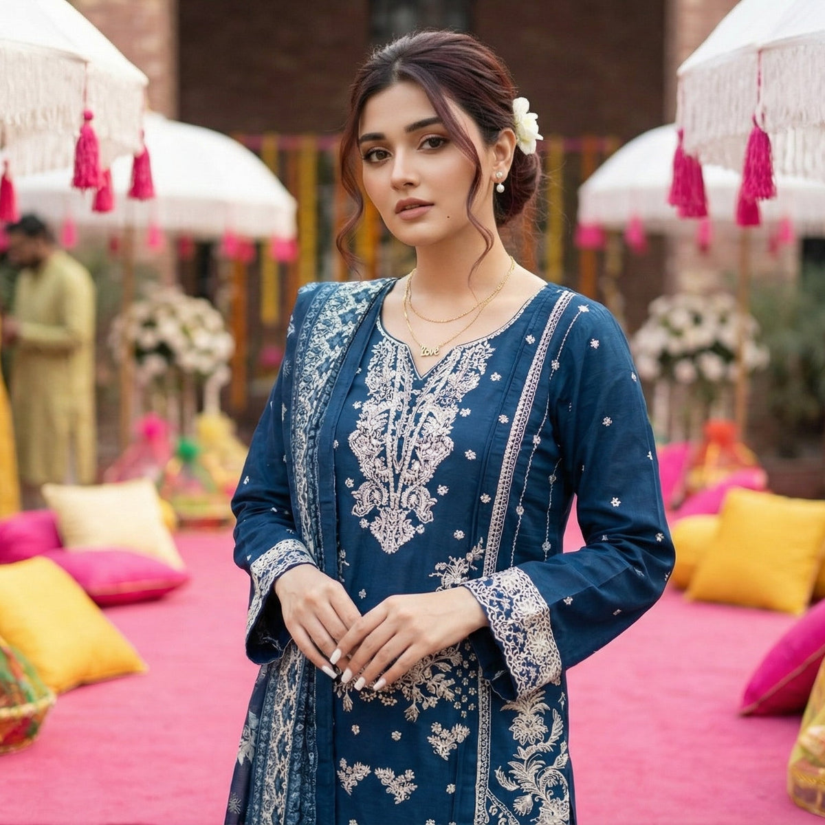 Twilight Indigo: Embroidered 3-Piece Cotton Lawn