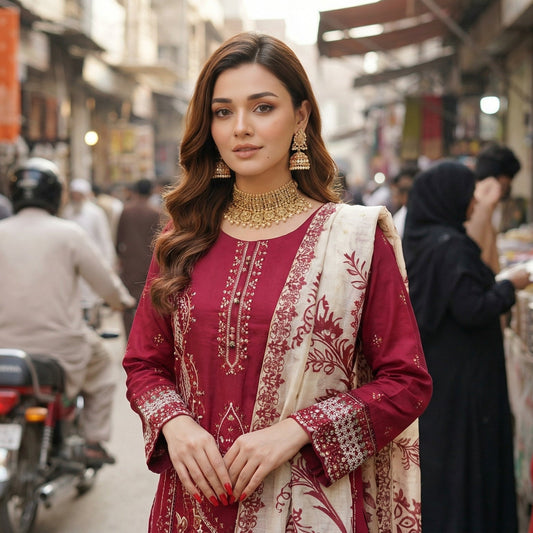 Scarlet Charm: Embroidered 3-Piece Cotton Lawn