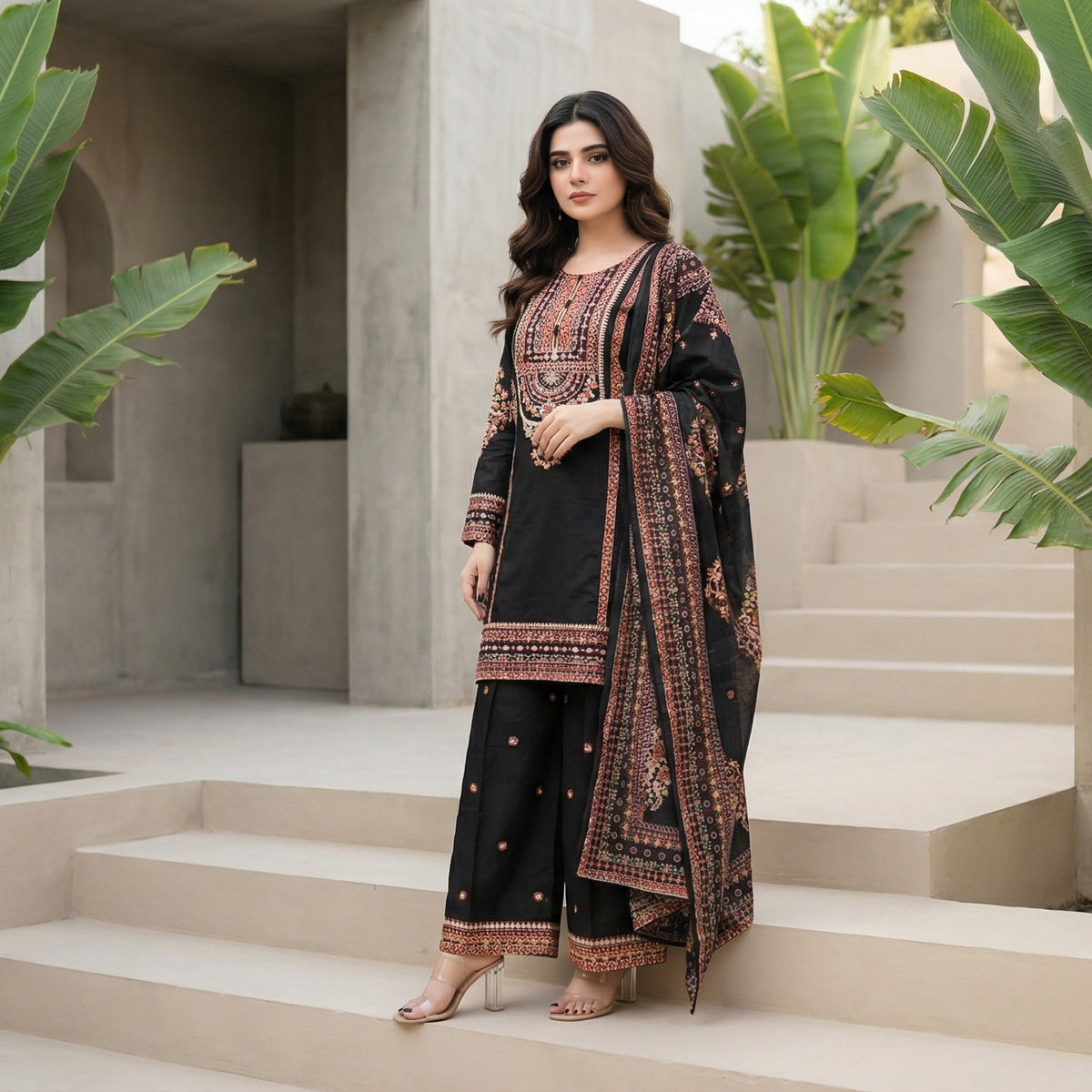 Midnight Garden: Embroidered 3-Piece Cotton Lawn