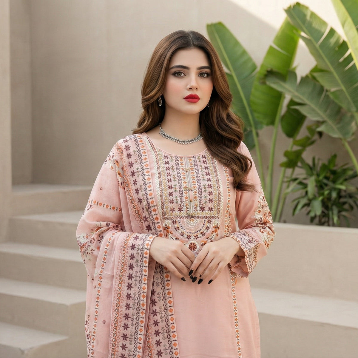 Blush Blossom: Embroidered 3-Piece Cotton Lawn