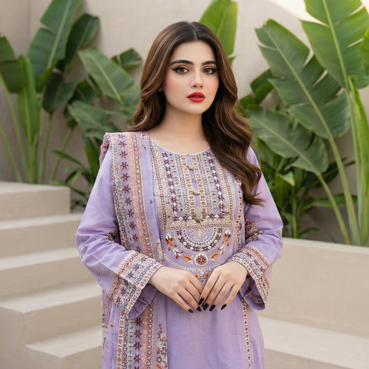 Lavender Harmony: Embroidered 3-Piece Cotton Lawn