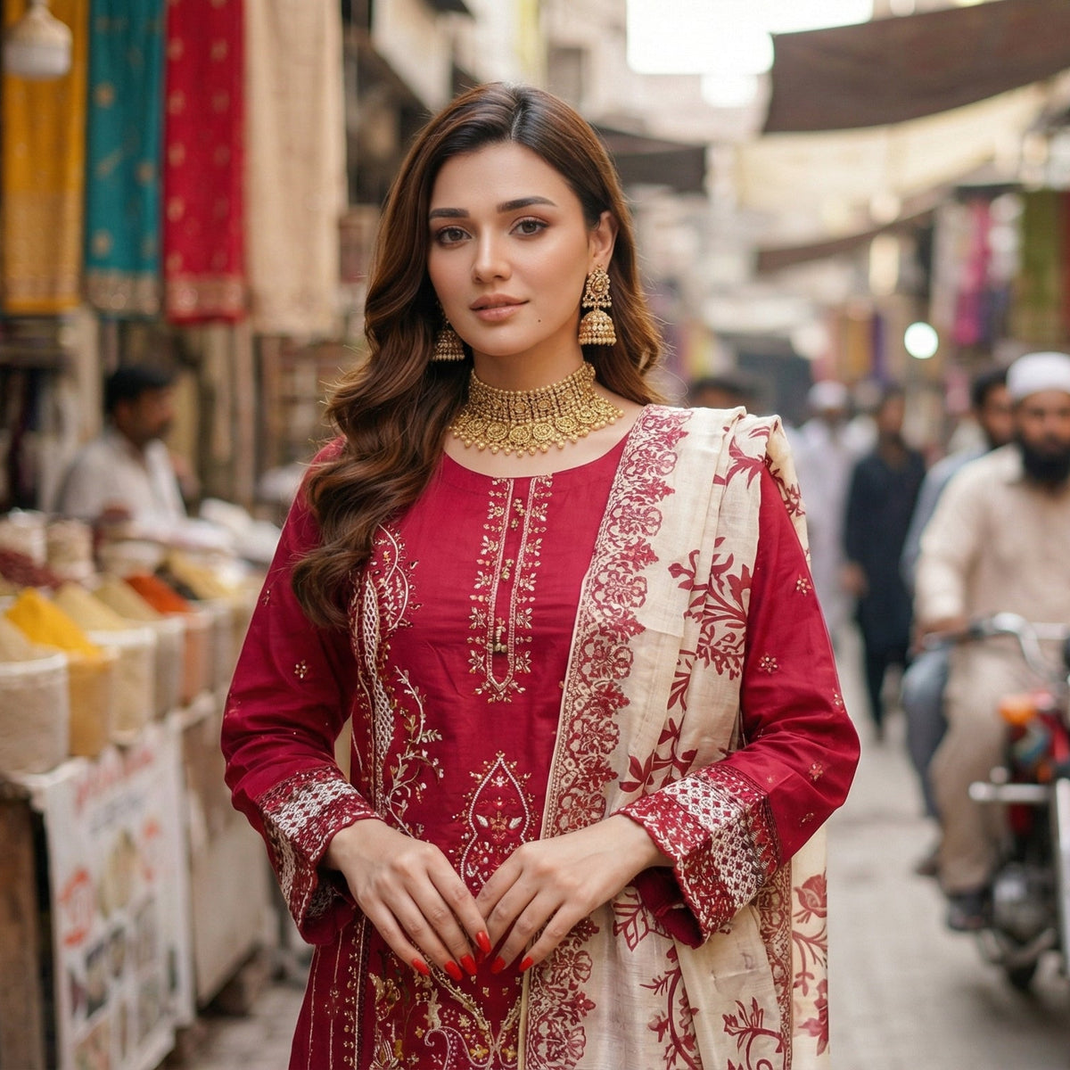 Scarlet Charm: Embroidered 3-Piece Cotton Lawn