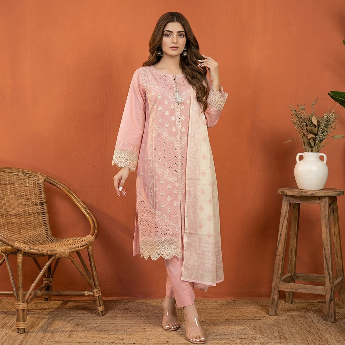 Ethereal Blush: Embroidered 3-Piece Cotton Lawn