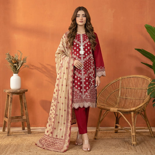 Crimson Heritage: Embroidered 3-Piece Cotton Lawn