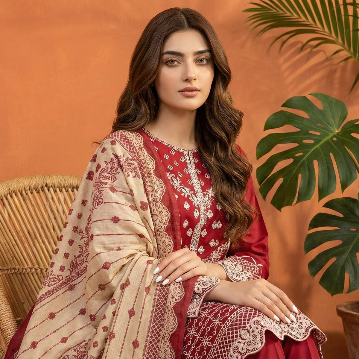 Crimson Heritage: Embroidered 3-Piece Cotton Lawn