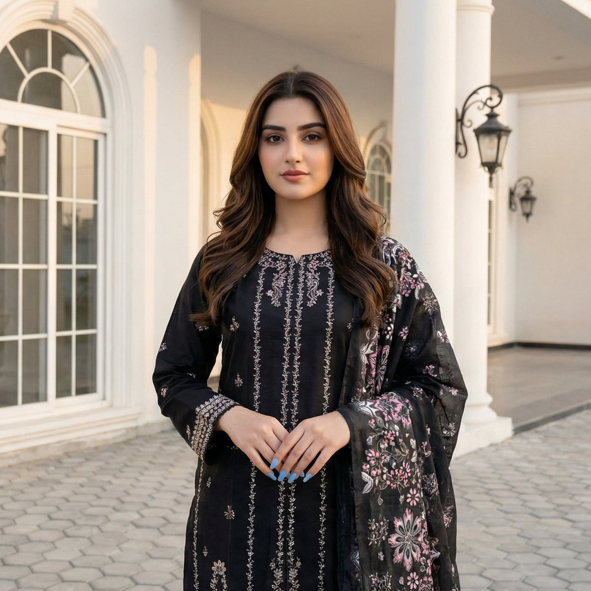 Obsidian Aura: Embroidered 3-Piece Cotton Lawn