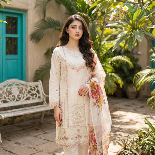 Enchanted Ivory: Embroidered 3-Piece Cotton Lawn