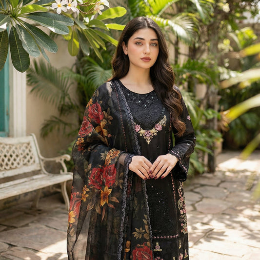Onyx Evening: Embroidered 3-Piece Cotton Lawn