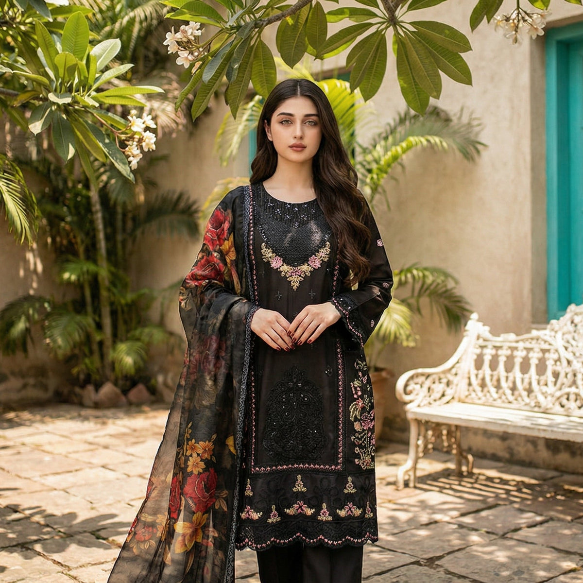 Onyx Evening: Embroidered 3-Piece Cotton Lawn