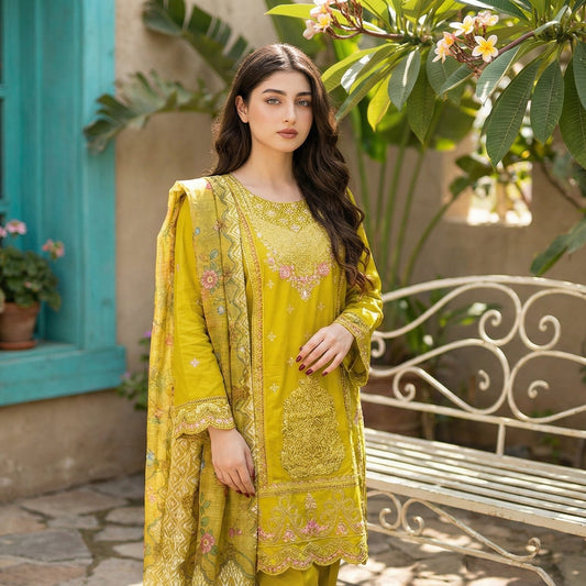 Golden Sunshine: Embroidered 3-Piece Cotton Lawn
