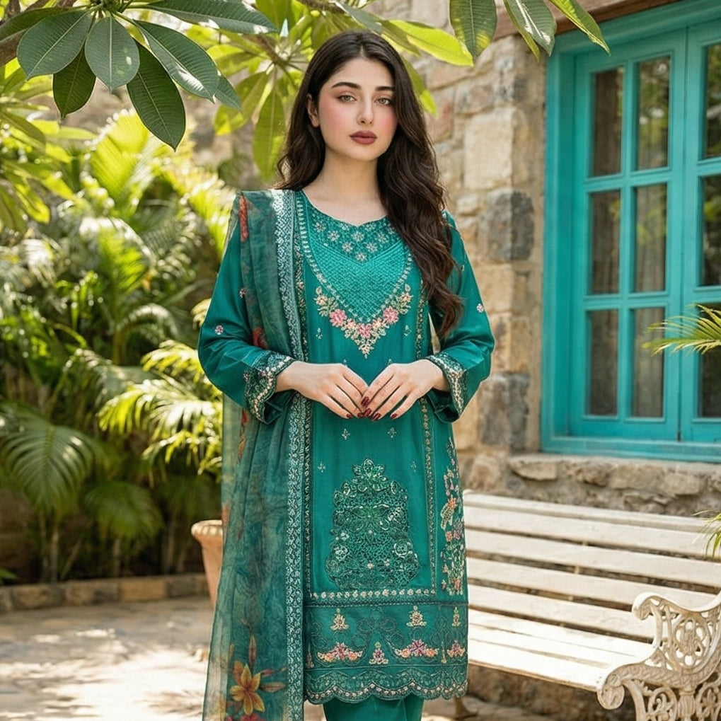 Emerald Elegance: Embroidered 3-Piece Cotton Lawn