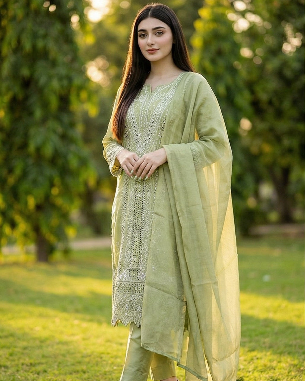 Minted Glitz: Embroidered 3-Piece Cotton Lawn