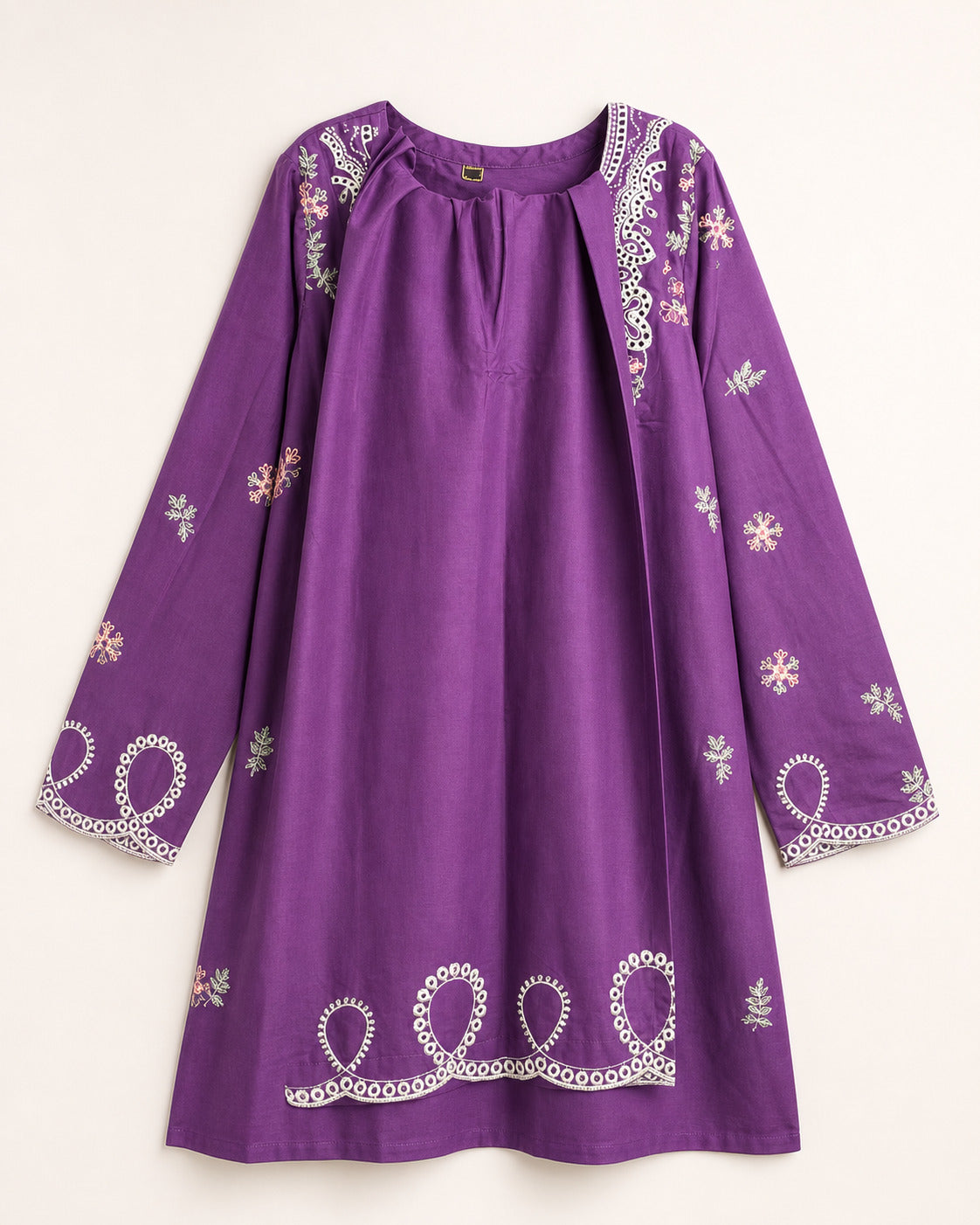 Deep Purple Winter Cotton Embroidered Kurti – Stitched Casual Kameez for Women