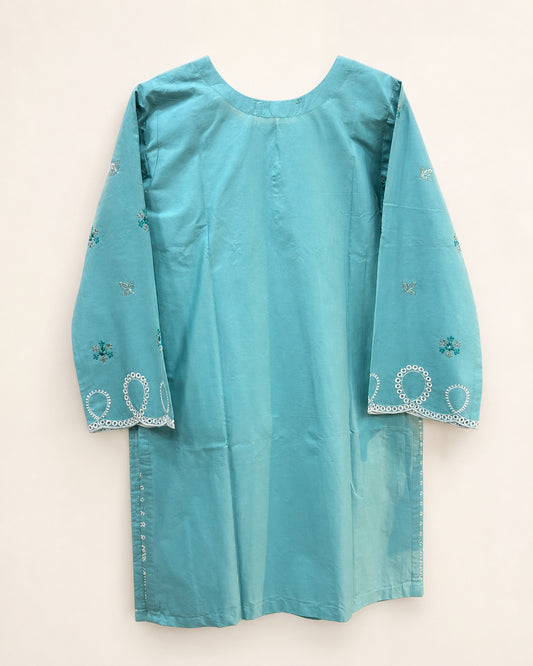 Sea Green Winter Cotton Embroidered Kurti – Stitched Casual Kameez for Women