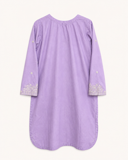 Lilac Winter Cotton Embroidered Kurti – Warm Stitched Shirt for Women