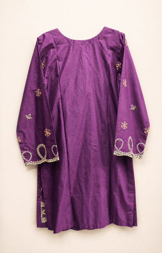 Deep Purple Winter Cotton Embroidered Kurti – Stitched Casual Kameez for Women