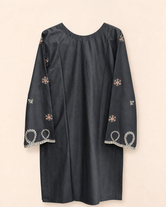 Black Winter Cotton Embroidered Kurti – Premium Stitched Casual Kameez