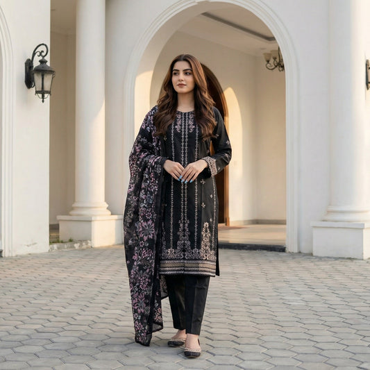 Obsidian Aura: Embroidered 3-Piece Cotton Lawn