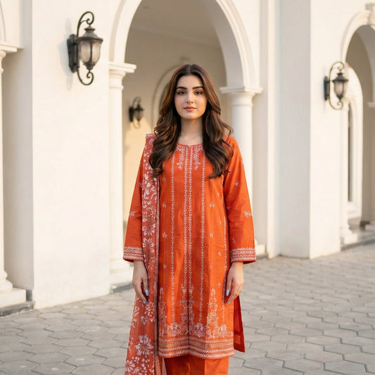 Sunset Ember: Embroidered 3-Piece Cotton Lawn