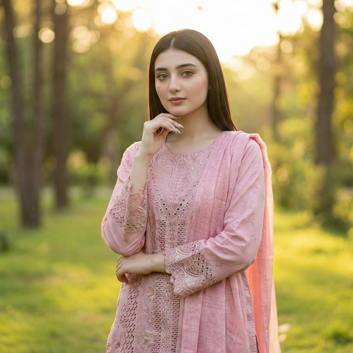 Serene Rose: Embroidered 3-Piece Cotton Lawn