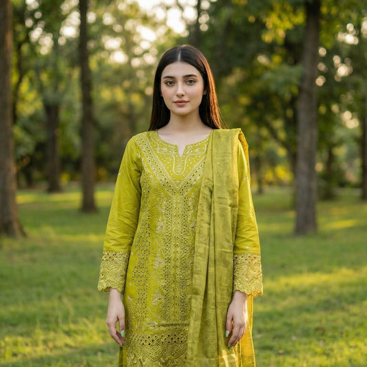 Olive Verdant: Embroidered 3-Piece Cotton Lawn