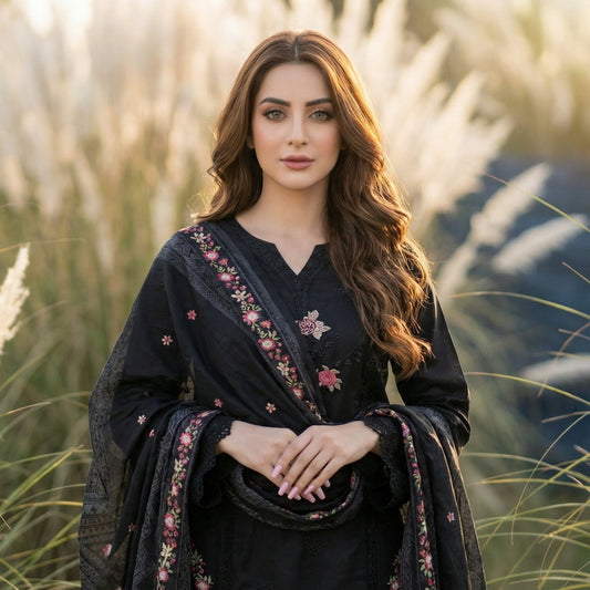 Sovereign Noir: Embroidered 3-Piece Cotton Lawn
