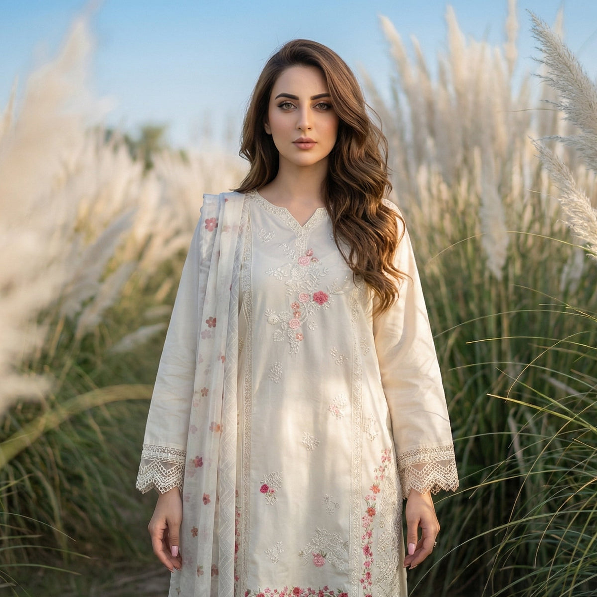 Alabaster Blossom: Embroidered. 3-Piece Lawn Cotton