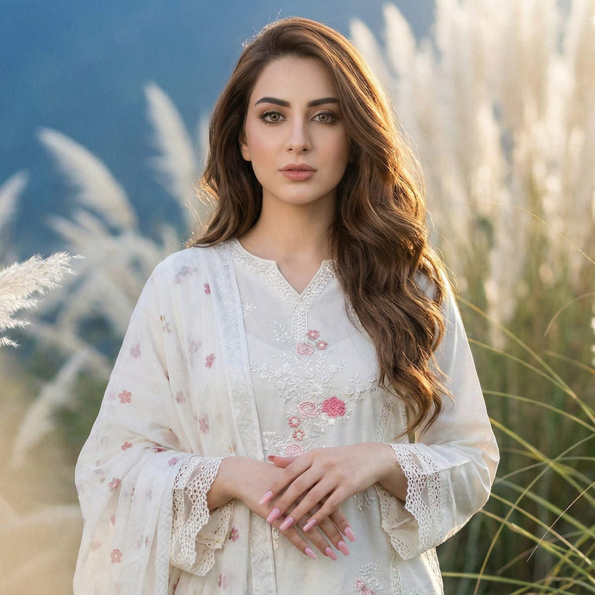Alabaster Blossom: Embroidered. 3-Piece Lawn Cotton