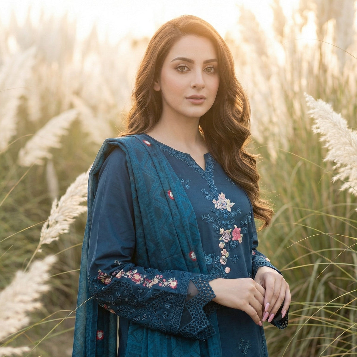 Azure Nocturne: Embroidered 3-Piece Cotton Dawn