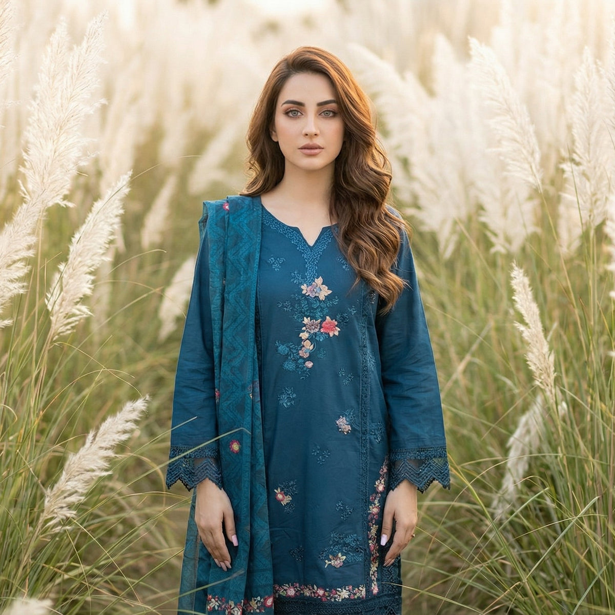 Azure Nocturne: Embroidered 3-Piece Cotton Dawn