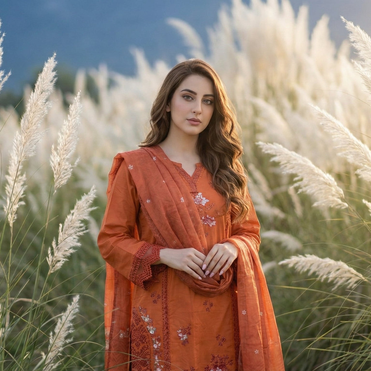 Amber Rust: Embroidered 3-Piece Cotton Lawn