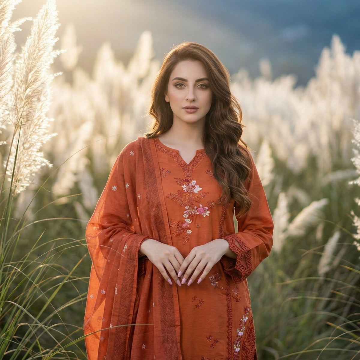 Amber Rust: Embroidered 3-Piece Cotton Lawn