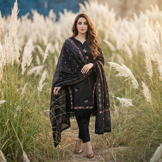 Sovereign Noir: Embroidered 3-Piece Cotton Lawn