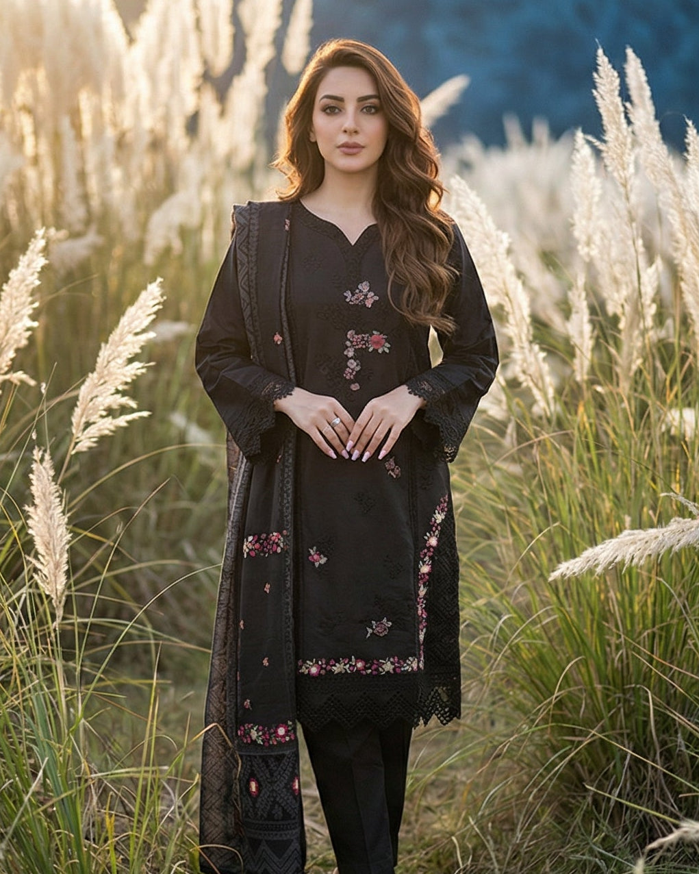 Sovereign Noir: Embroidered 3-Piece Cotton Lawn