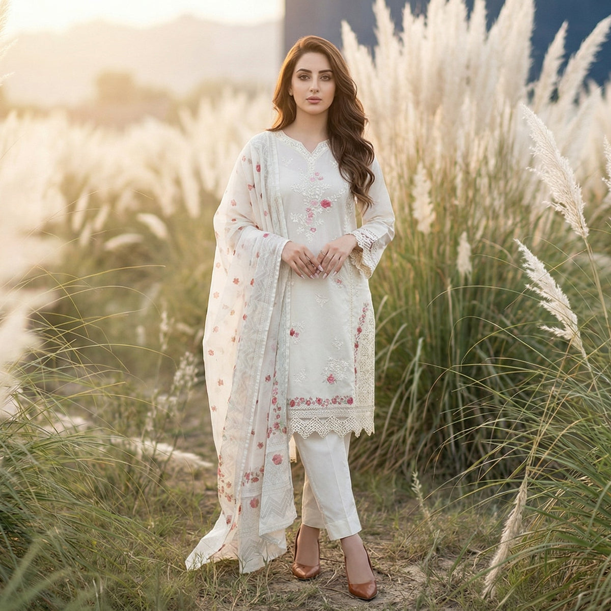 Alabaster Blossom: Embroidered. 3-Piece Lawn Cotton