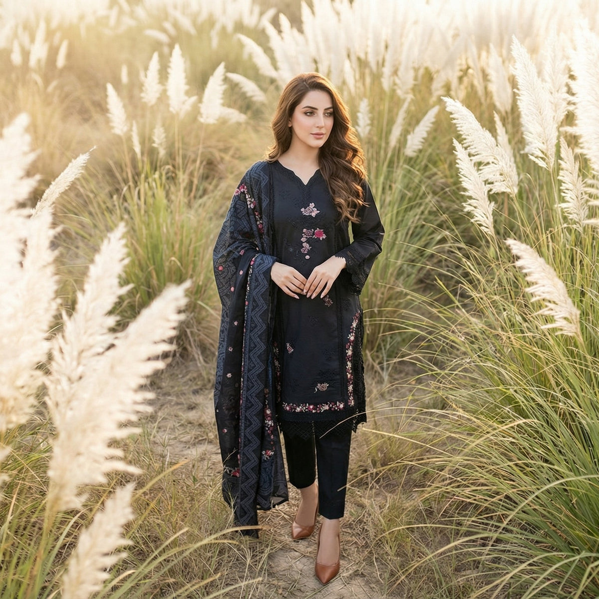 Sovereign Noir: Embroidered 3-Piece Cotton Lawn