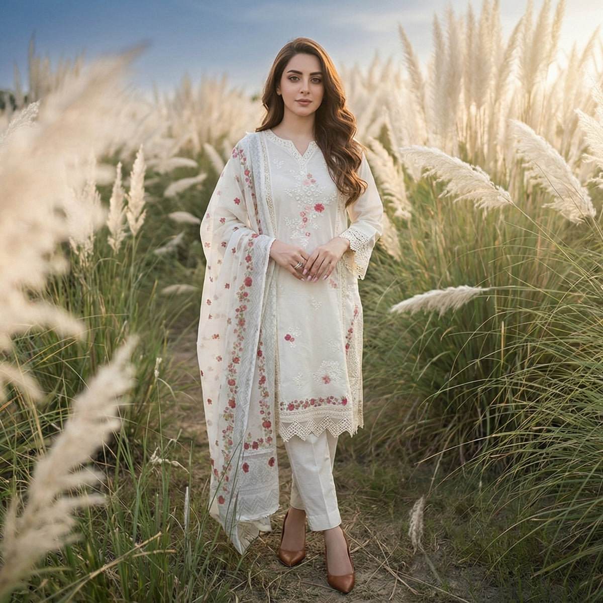 Alabaster Blossom: Embroidered. 3-Piece Lawn Cotton