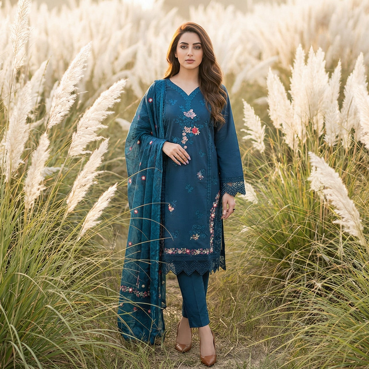 Azure Nocturne: Embroidered 3-Piece Cotton Dawn