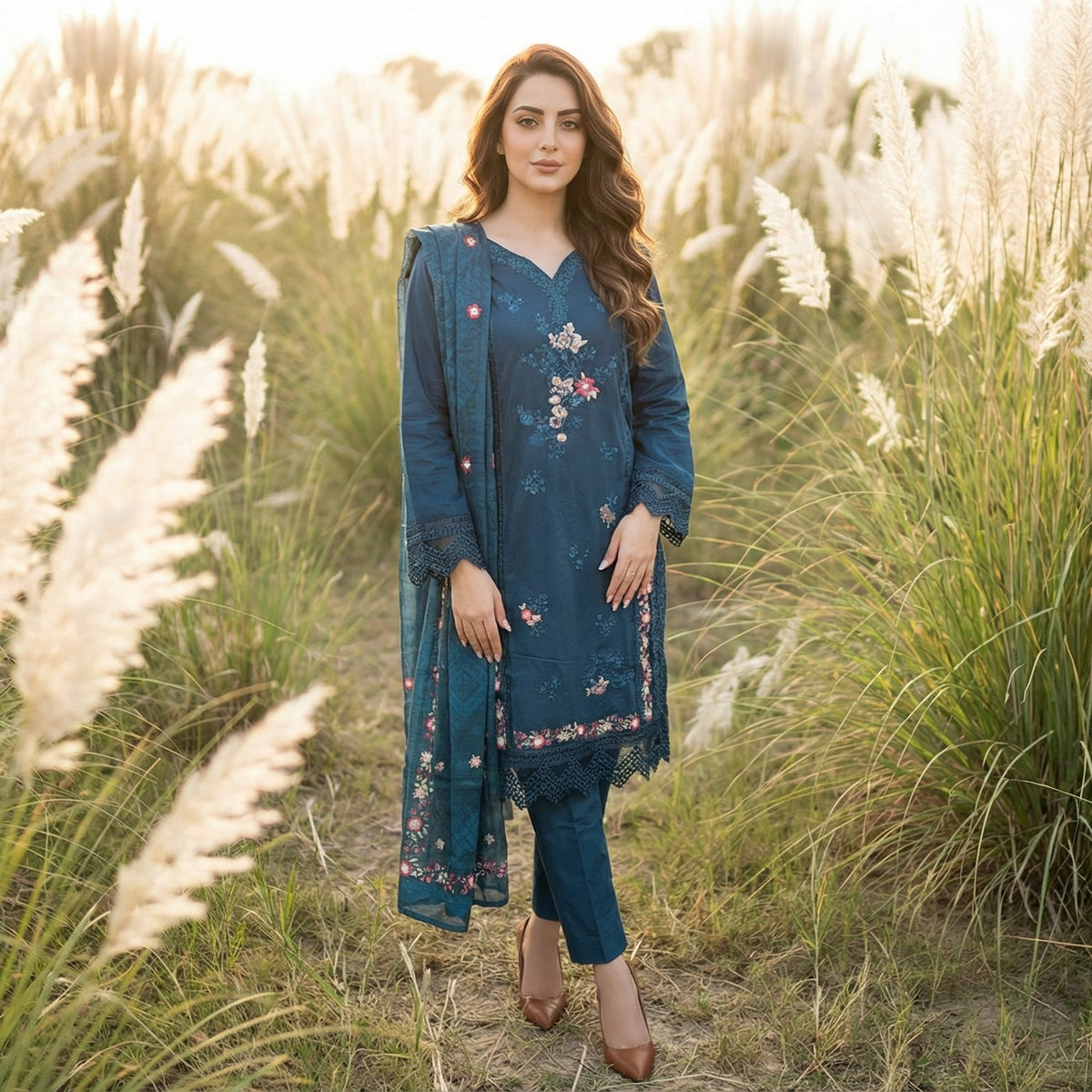 Azure Nocturne: Embroidered 3-Piece Cotton Dawn